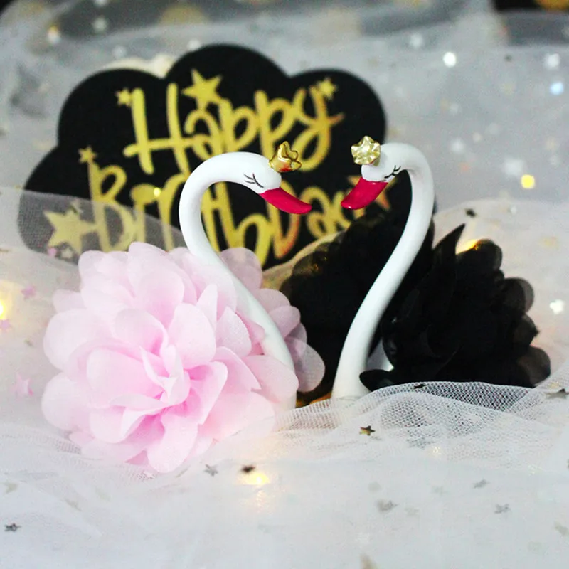 

Beautiful Crown Pink Black Swan Resin Cake Decorations Birthday Party Cake Topper Baby Boy Girl Shower Cupcake Topper
