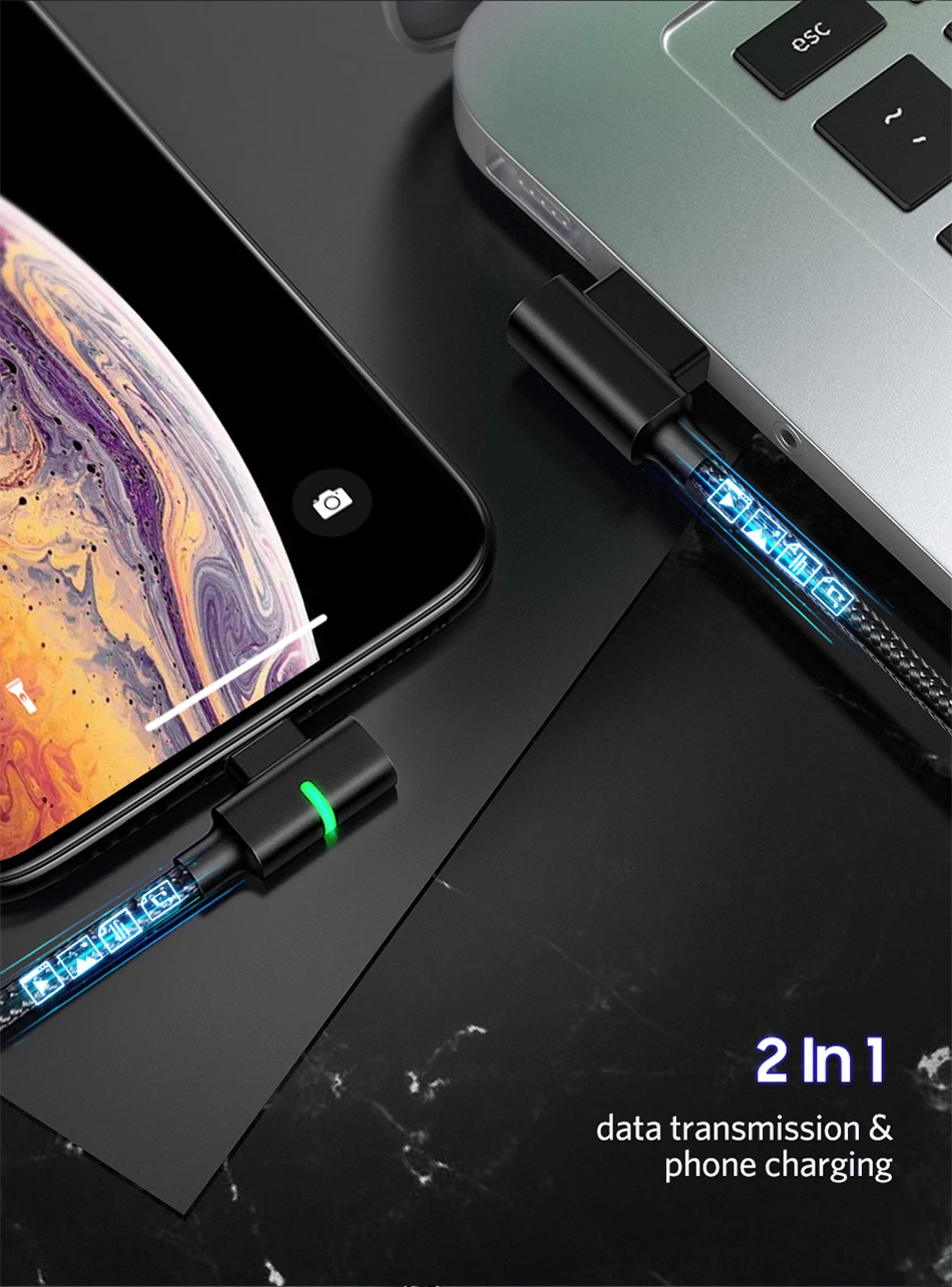 Benks Dual L Shape Lightning Data Cable 8 Pin For iPhone X XS XR 10 8 7 6s 5 Plus Fast Charge USB Charging Cables LED Light 1 (13)