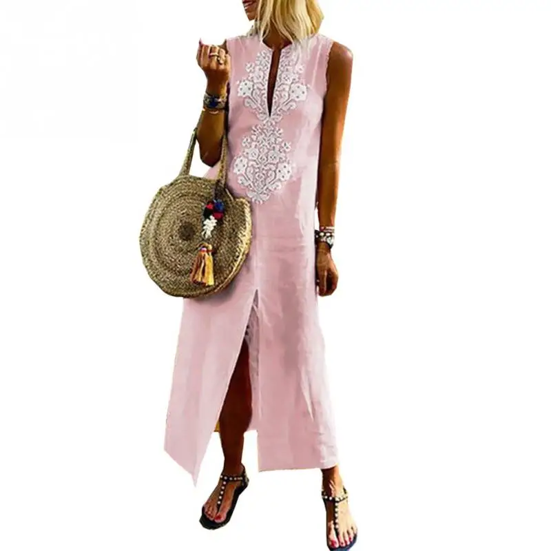 

Women Dresses Cotton Linen Deep V-neck Sleeveless Linen Gray Light Blue Dress New Bohemian Beach Loose Split Pink Yellow Dress