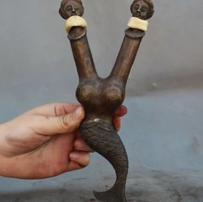 

9" Collect Old Chinese Bronze Mermaid Belle Fish Statue catapult Tool slingshot