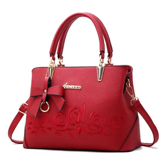 Женская сумка известного бренда из искусственной кожи с ручкой сверху, роскошная сумка на плечо, большая роза, сумки с вышивкой, LW-280 - Цвет: Красный