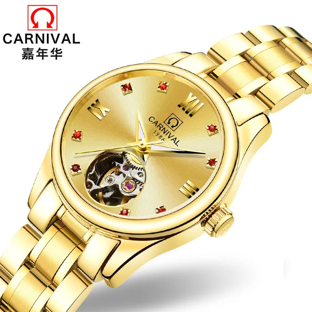 

Carnival Women Gold Watches Hollow Mechanical Watch Stainless Steel Sapphire Waterproof Wristwatch relogio feminino ladies