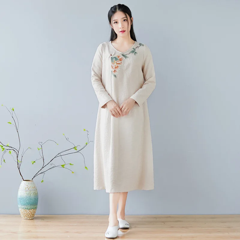 

Autumn National Wind Cotton and Linen Women's Hand-painted Tea Dress Dress Chinese Style Zen Suit Improved Hanfu Dress
