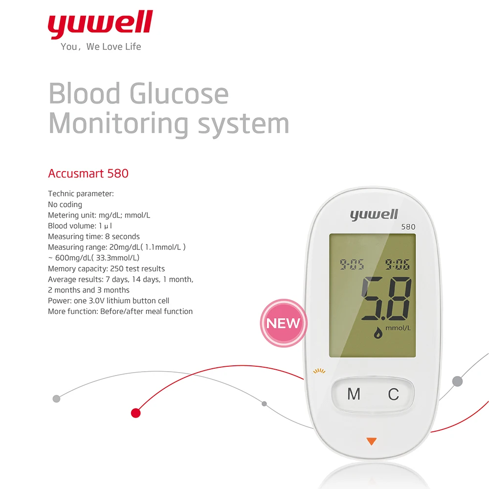 Yuwell mmol/L диабет глюкометр 580 медицинские диабетические тестовые полоски тест скарификатор; сахар в крови монитор здравоохранения инструмент Прямая поставка