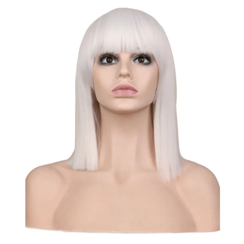 

QQXCAIW Short White Wig Neat Bang Bob Style Straight Women Girls Cosplay Party Costume 40 Cm Synthetic Hair Wigs