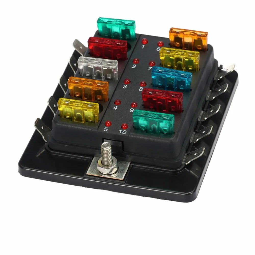10 Way Blade Fuse Box + 10 Blade Fuses Kit Fuse Holder With Red LED
