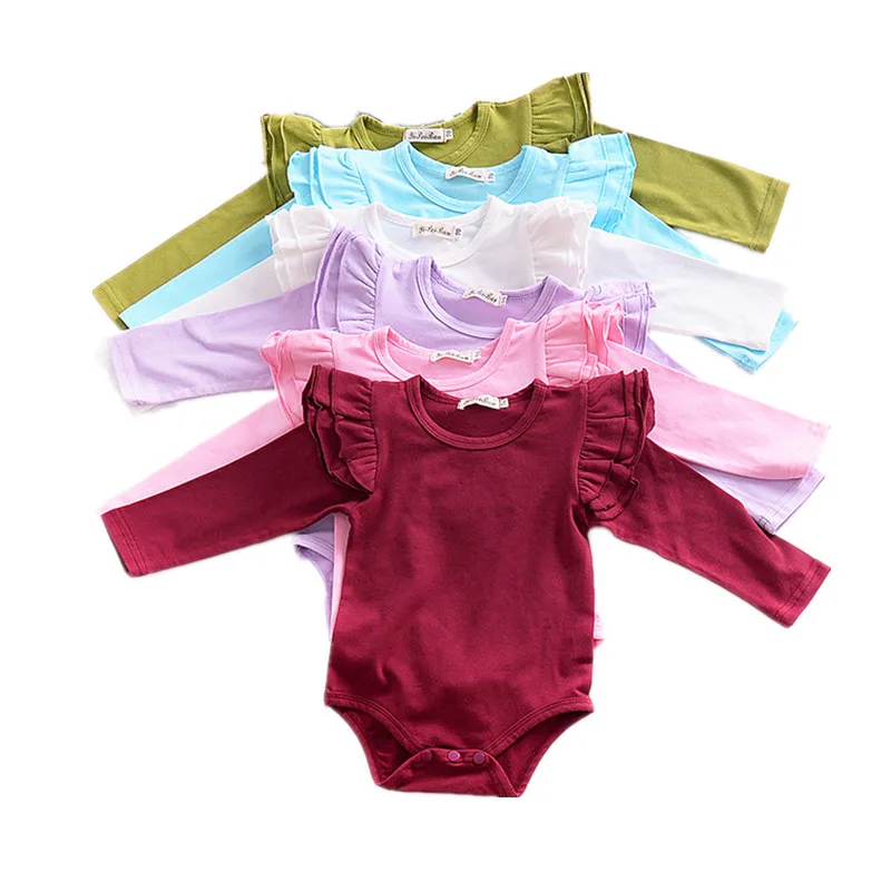 Детские комбинезоны с длинными рукавами, весна, комбинезон для новорожденных девочек, однотонная Милая одежда принцессы с расклешенными рукавами для малышей от 0 до 3 лет