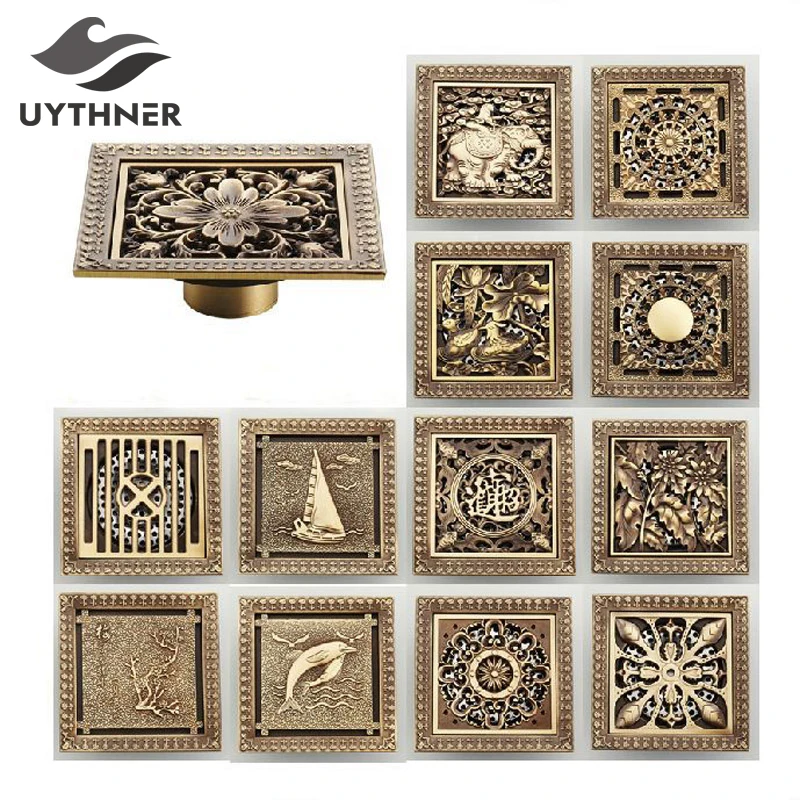 Uythner Shower Drains 12*12cm Square Bath Drains Strainer Hair Antique Brass Art Carved Bathroom Floor Drain Waste Grate Drain Uythner Shower Drains 12*12cm Square Bath Drains Strainer Hair Antique Brass Art Carved Bathroom Floor Drain Waste Grate Drain