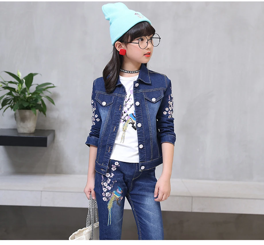 Осенняя джинсовая детская одежда куртка с цветочной вышивкой+ джинсы модный костюм для девочек, весенняя одежда для девочек-подростков 6, 8, 12 лет