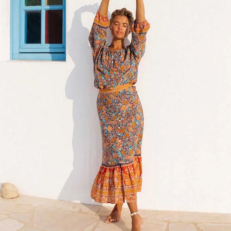 

Boho Inspired Skirt floral print Gypsy Skirts women High Waist Buttons down Bohemian chic Long Skirt Spring Summer 2019 Saia