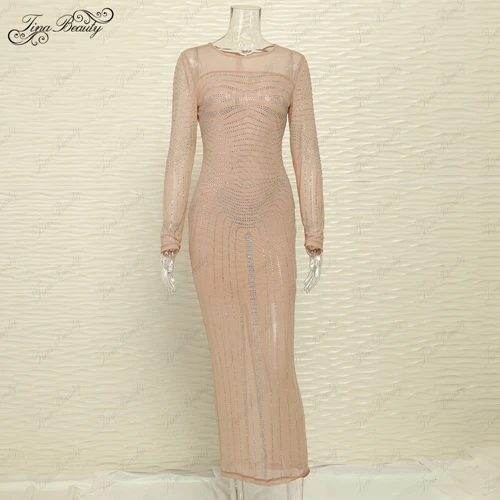 Tina beauty потрясающее блестящее кардаршианское платье с длинными рукавами и прозрачной подкладкой, облегающее платье в пол телесного цвета - Цвет: Бежевый