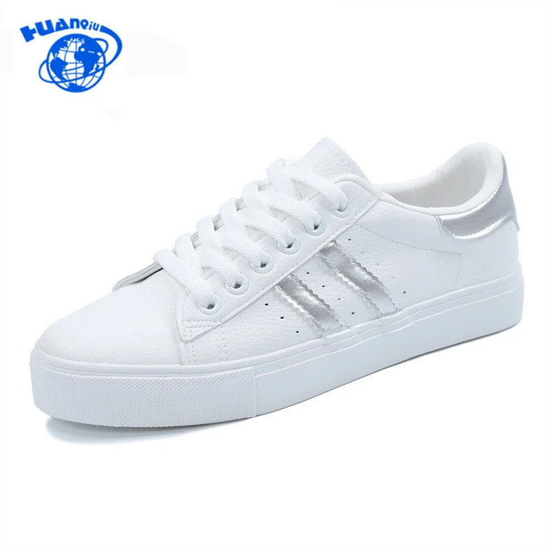 

HUANQIU women shoes fashion casual platform striped PU leather classic women casual lace-up white winter shoes sneakers PP52