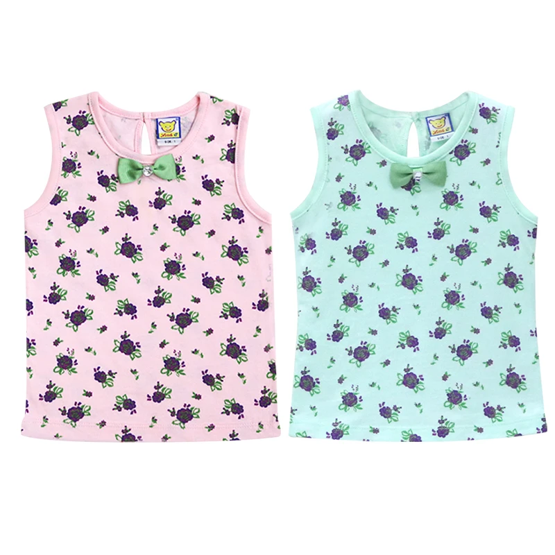 

100% Cotton 2 pcs/lot Shirts for 1 to 3 years old Baby floral pattern girls undershirts children sleeveless blouse with bowknot