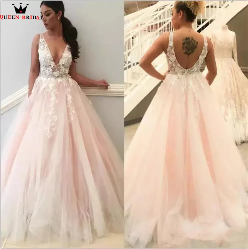 Индивидуальный заказ онлайн v-образным вырезом спинки Тюль кружевные цветы Романтические Розовые Свадебные платья Vestido De Noiva DA70