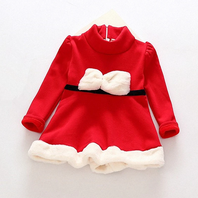 

4T to 6T children grils red long sleeve turtleneck fleece thick princess flare dress kids cute bow christmas dresses