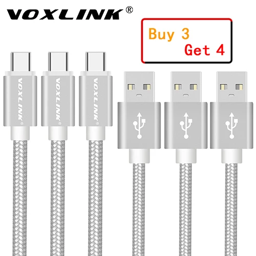 VOXLINK 3 Pack нейлон плетеный кабель USB TypeC Быстрая зарядка кабель для samsung Galaxy для htc 10 MacBook Xiaomi Mi8 A1 зарядки шнур - Цвет: Silver