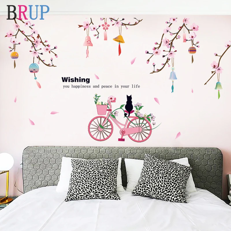 

120*87cm Romantic Peach Blossom Wall Stickers Flower Cat on The Bicycle Under Tree Home Decor for Bedroom Art PVC Stikers Muraux
