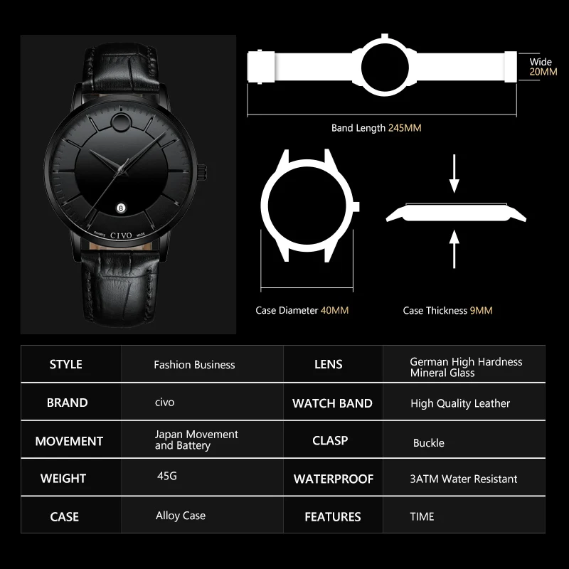 CIVO Fashion  Simple Mens Watches Waterproof Genuine Leather Quartz Wrist Watch For Men Date Calendar Gents Casual Reloj Hombre