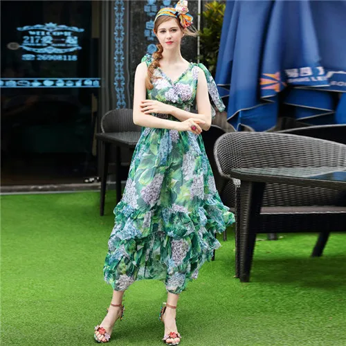 2017 summer beautiful Hydrangea macrophylla floral print sleeveless v-neck maxi long dress green layer cake dresses women smock long-floral-maxi : image 2017 summer beautiful Hydrangea macrophylla floral print sleeveless v-neck maxi long dress green layer cake dresses women smock long-floral-maxi