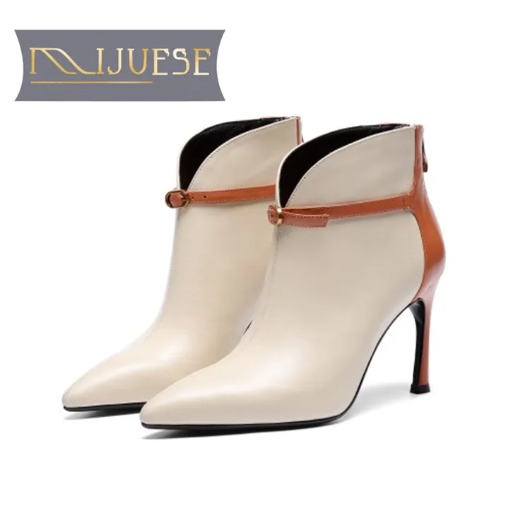 

MLJUESE 2019 women ankle boots cow leather mixed colors buckle strap autumn spring thin heel high heels women martin boots