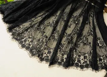 

black Chantilly lace fabric, ivory lace fabric with eyelash scalloped border, bridal lace fabric for wedding dress 1yard