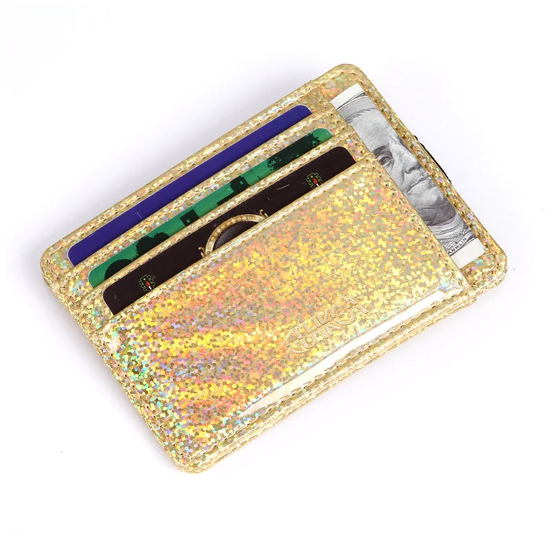 

2019 New Women Laser ID Cash Card Holder Silver Leather Slim Wallet Fashion Shinning Business Credit Card Protector Case Purse