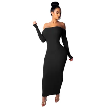 

Women off shoulder sexy long pencil dress backless Long sleeve night club dress solid ankle length party black vestidos dresses