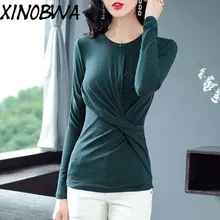 Горячая Распродажа осенне-Весенняя женская модная футболка с круглым вырезом и длинным рукавом, одноцветная Модальная Асимметричная футболка, женские элегантные свободные рубашки