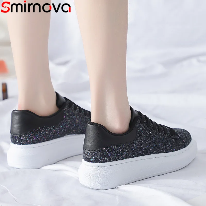 

Smirnova size 34-41 fashion new flats shoes women round toe lace up flat platform shoes bling casual women sneakers shoes 2019