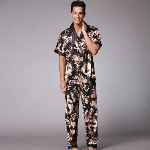 SSH021 осенне-летняя Домашняя одежда с короткими рукавами и длинными штанами, пижамный комплект, Мужская атласная Шелковая пижама с принтом, мужская пижама, пижама, одежда для сна - Цвет: Черный