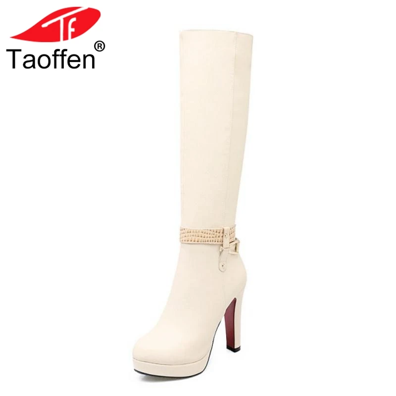 

Taoffen New Women Knee High Boots Metal Buckle Fur Warm Shoes Women Sexy High Heels Winter Boots Platform Shoes Size 33-43