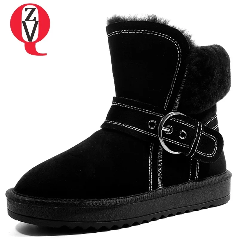 

ZVQ women shoes 2018 winter warm new concise low wedges platform slip-on cow suede buckle black and grey snow boots size 34-43