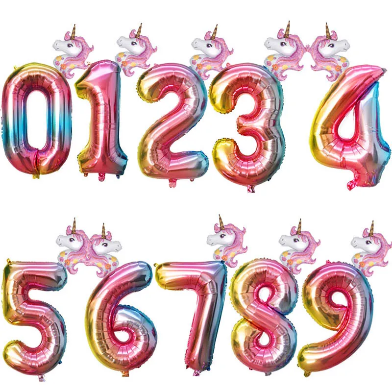 2 шт. Радужный Единорог 32 дюйма воздушные шары из фольги в виде цифр Дети День рождения украшения гелий номер шар для свадьбы или «нулевого дня рождения» декор - Цвет: 3