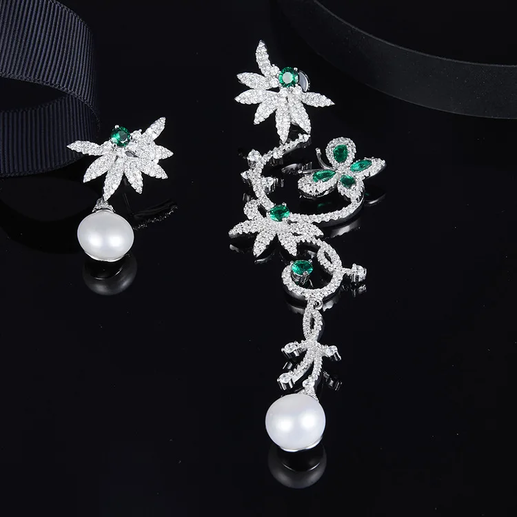 

[MeiBaPJ] Elegant Women Pure S925 Sterling Silver Natural Pearl Long Earrings Butterfly Green Stone Stud Earrings Fine Jewelry