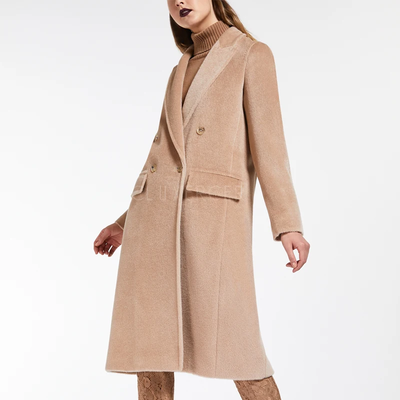 Уличный стиль, Женское зимнее длинное пальто, верхняя одежда, элегантное розовое свободное двубортное шерстяное пальто для женщин - Цвет: Camel