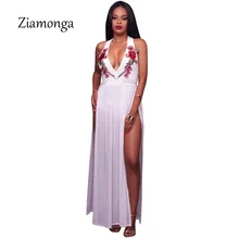 Ziamonga сексуальный цветочный Вышивка Глубокий v-образный вырез Облегающий комбинезон летний без рукавов с высоким разрезом женские комбинезоны белые комбинезоны