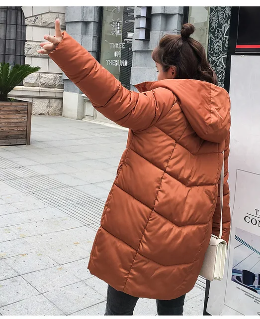 Karmel z kapturem elastyczna Zima w dół płaszcz kurtki długie ciepłe kobiety Casaco feminino Abrigos mujer Invierno 2018 Parkas płaszcze Outwear -