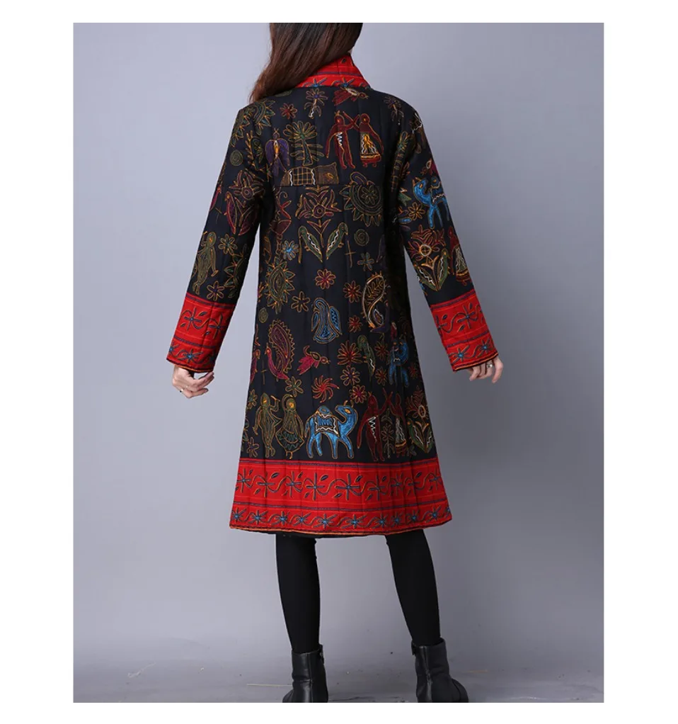 Winter Jacket Women Thick warm Long Parka Mujer Cotton Padded coat vintage Button Print Overcoat plus size Women Tops