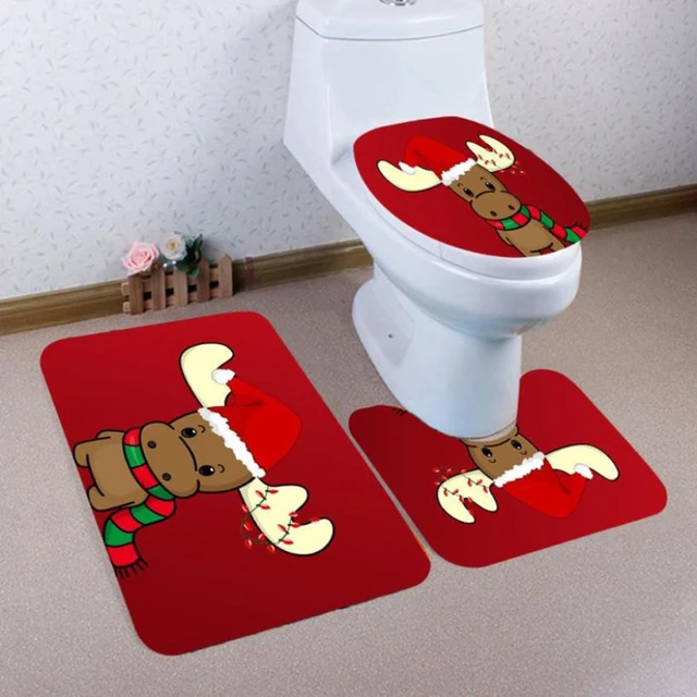 3pcs Red Bath Mats Christmas Style Anti Slip Toilet Pattern Carpet