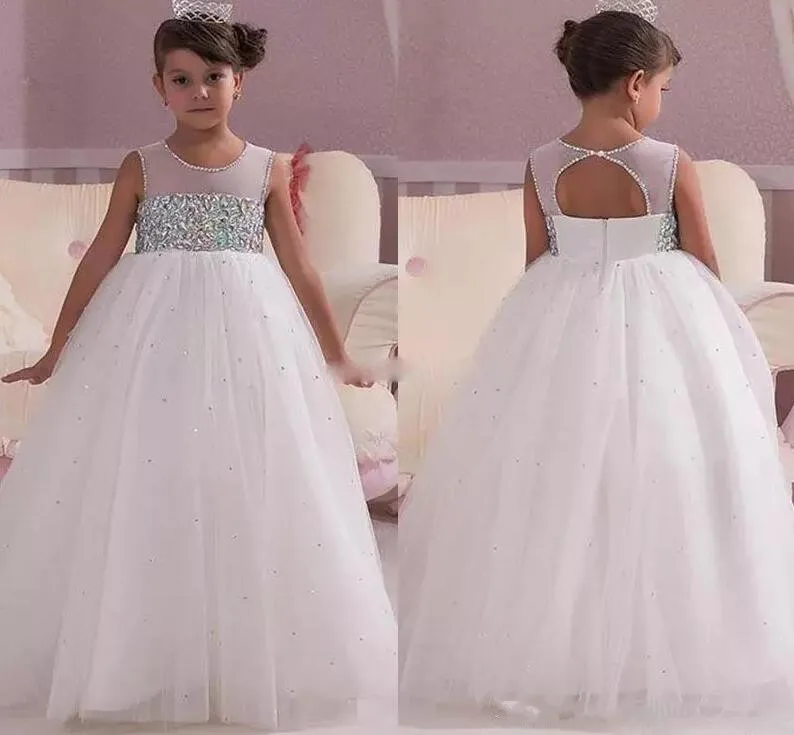 2018 Princess White Wedding Flower Girl Dresses Empire Waist Crystals Open Back Custom Made Communion Gown 2018 Princess White Wedding Flower Girl Dresses Empire Waist Crystals Open Back Custom Made Communion Gown