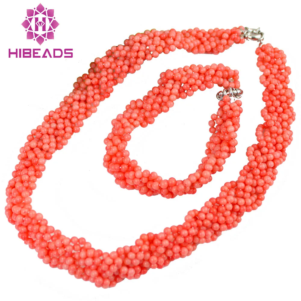

Free Shipping Fashionable Pink Coral Necklace&Bracelet Jewelry Set Handmade Knitted Coral Necklace Set Twisted Jewelry CNR009
