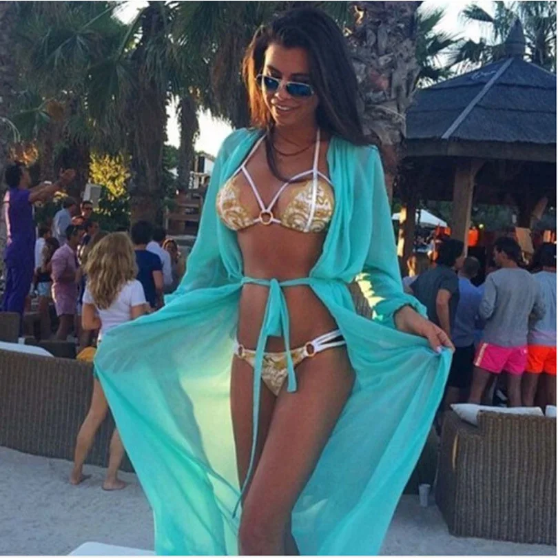 

beach dress Women Summer Vestidos Chiffon Cardigan Long Swimwear With Belt Sexy Beach Bikini Swimwear Cover Up Tops