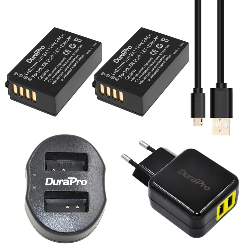 2 x батарея DuraPro 7 4 в 1200 мАч EN-EL20 ENEL20 Li-on Camera + USB двойное зарядное устройство адаптер