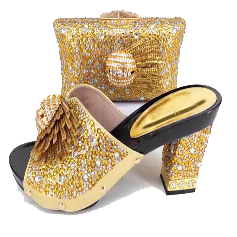 

Gold italian design shoes and bag to match in middle heel 3.5 inches slippers shoes women with clutches bag 2018 SB8159-7