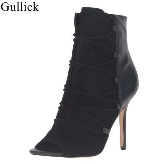 

Sexy Women Suede Leather Lace-up Gladiator Sandal Boots Peep Toe Super High Heels Ankle Boots Cut-out Cage Shoes Tight High Boot
