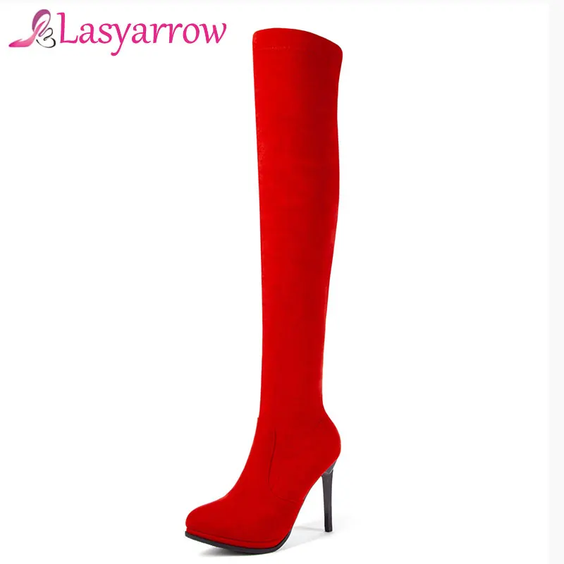 

Lasyarrow Stretch Suede Women Thigh High Boots Stilettos Sexy Over the Knee Boots Pointy Toe High Heel Long Boots Black Red F206