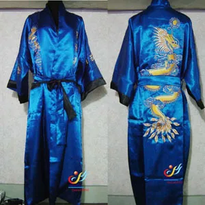 Китайский Женский Двусторонний Шелковый Атласный халат с вышивкой дракона кимоно банное платье Дракон WR005 - Цвет: black jewelblue