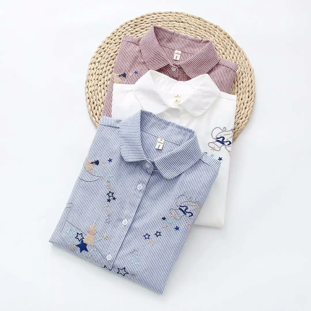 

Striped Blouse Women Autumn Long Sleeve Star Embroidery Shirt Casual Cartoon Cotton Lady Tops Blusa Feminina