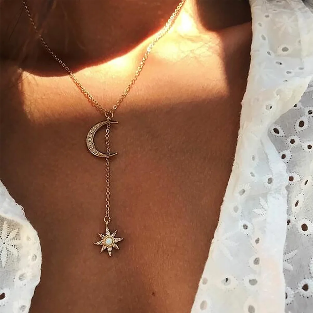 

Fashion Moon Star Crystal Pendant Necklace for Women Vintage Bohemian Gold Chain Geometric Multilayer Collar Necklace Wholesale