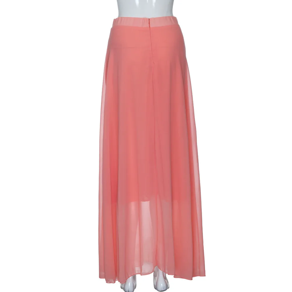 Сплошной цвет длина до пола женский джокер шифон стрейч Высокая талия Макси Платье расклешенное плиссированное платье с коротким и широким подолом длинная юбка jupe femme# C - Цвет: Pink